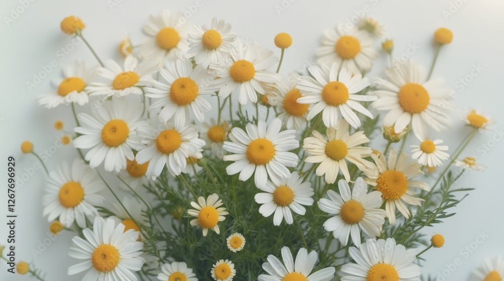 Fototapeta premium Chamomile Flowers with White Petals and Yellow Centers on Soft Background Celebrating Natural Beauty and Freshness