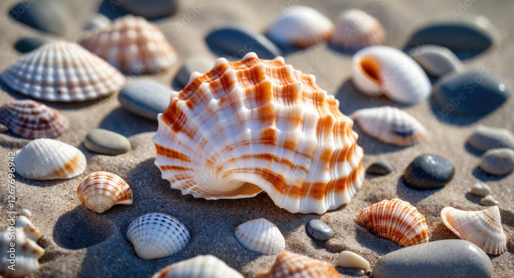 Colorful seashells and pebbles scattered on sandy beach surface creating a serene coastal nature background scene. Colorful seashells and pebbles scattered on sandy beach surface creating a serene coastal nature background scene.