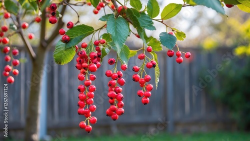 Vibrant Red Berries and Green Leaves Hanging from a Tree in a Backyard with a Softly Blurred Wooden Fence Background