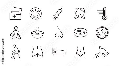 Flu and illnesses line icon set. Pandemic, cough, fever, lung CT scan, headache, pneumonia, lungs, kidney, brain, bones line icon set. UI thin line icon pack.