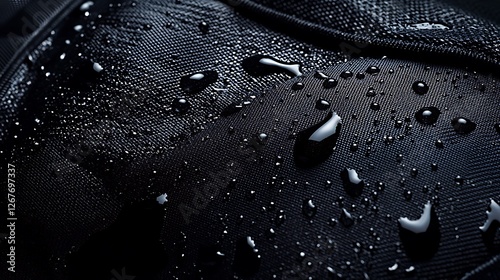 Waterproof fabric texture; rain droplets closeup; dark background; advertising