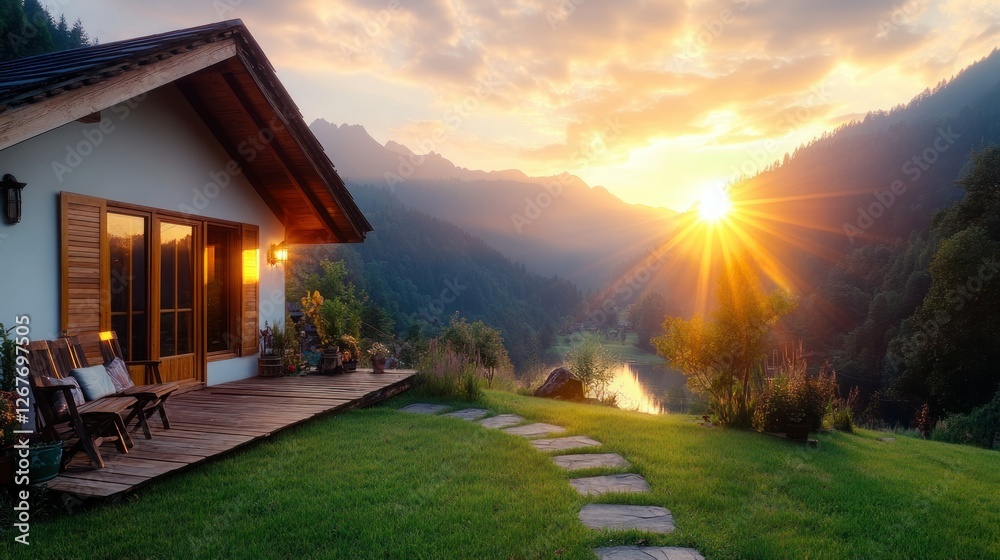 Naklejka premium Mountain chalet patio at sunset over lake