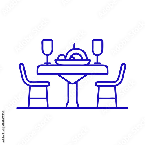 Dining table with plates and glasses, inviting meal setting, blue outline, modern design