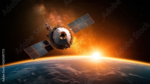 Wallpaper Mural Spacecraft orbiting Earth at sunrise, vibrant galactic background Torontodigital.ca