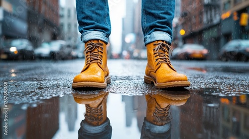 Stylish boots reflected in a rainy urban street.