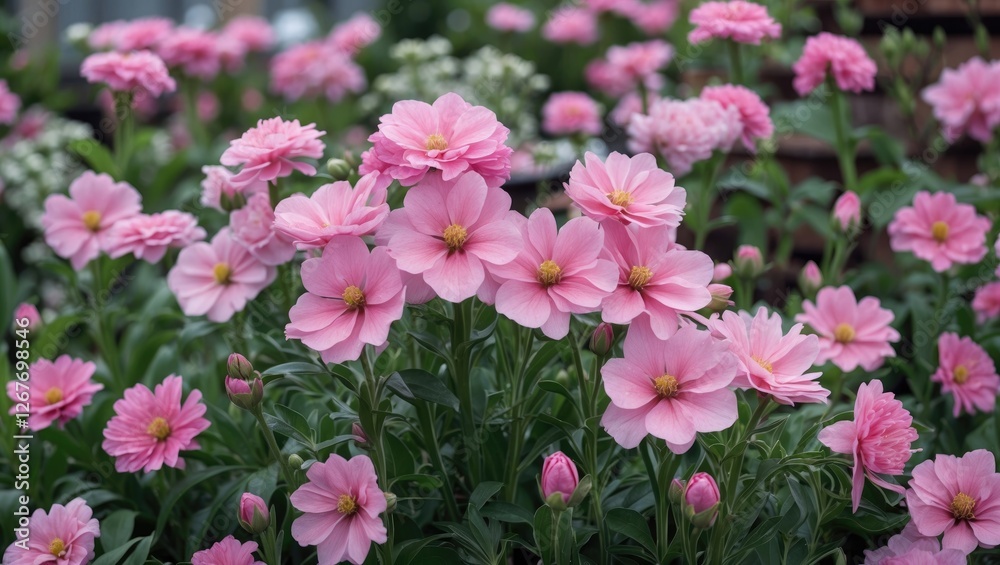 Vibrant Pink Flowers in Lush Garden Setting with Space for Text Overlay and Nature Backdrop Vibrant Pink Flowers in Lush Garden Setting with Space for Text Overlay and Nature Backdrop