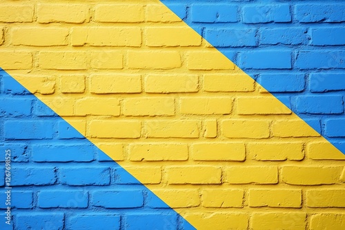 Vibrant blue and yellow diagonal brick wall, showcasing urban art in a lively city environment
