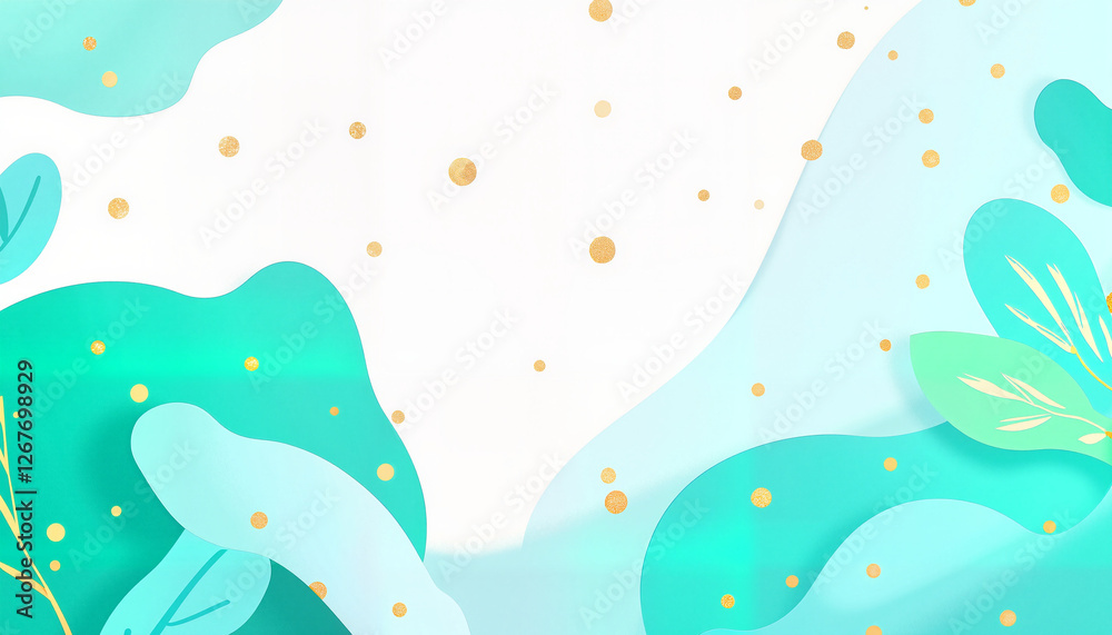 Minimalist abstract background with blue and green organic shapes and golden dots Minimalist abstract background with blue and green organic shapes and golden dots