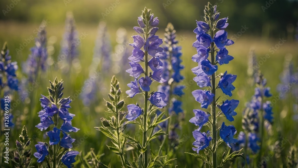 Vibrant blue wildflowers blooming in a sunny meadow with green grasses in the background Copy Space Vibrant blue wildflowers blooming in a sunny meadow with green grasses in the background Copy Space