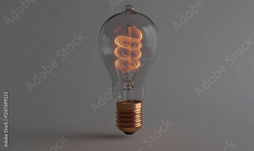 Vintage light bulb with glowing spiral filament against a minimalist gray background