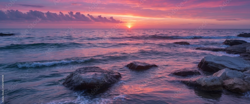 Naklejka premium Serene Ocean Sunset with Pink and Lilac Hues Over Calm Waters and Rocks, Ideal for Nature-Themed Designs and Text Space