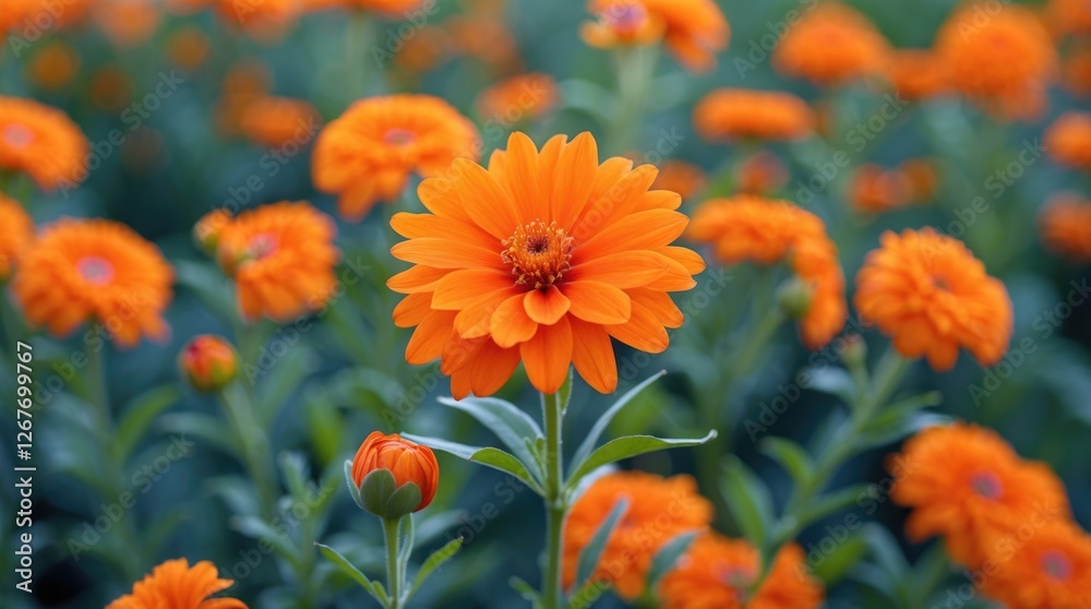 Vibrant Orange Flower Standing Out in Lush Green Garden with Soft Focus on Background Blooms and Detailed Petals Vibrant Orange Flower Standing Out in Lush Green Garden with Soft Focus on Background Blooms and Detailed Petals