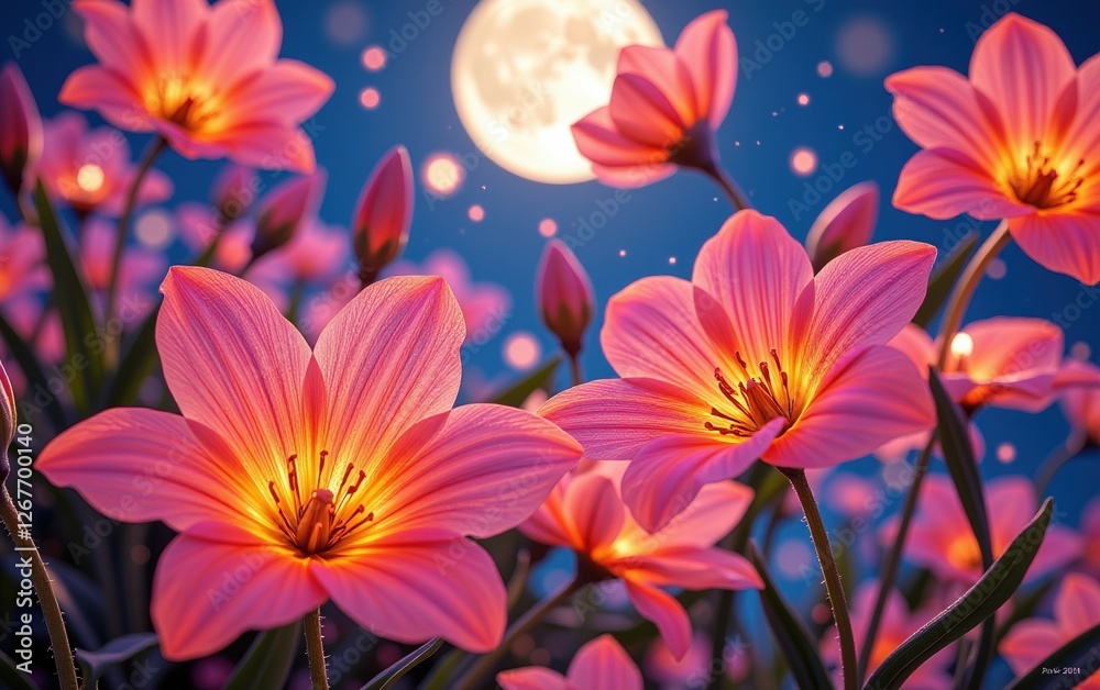 Fototapeta premium stunning close-up of vibrant, glowing flowers in full bloom, illuminated with soft golden light. The petals exhibit