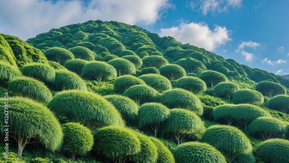 Lush green hillside covered with vibrant fur-trees under a clear blue sky creating a serene and picturesque natural landscape. Lush green hillside covered with vibrant fur-trees under a clear blue sky creating a serene and picturesque natural landscape.