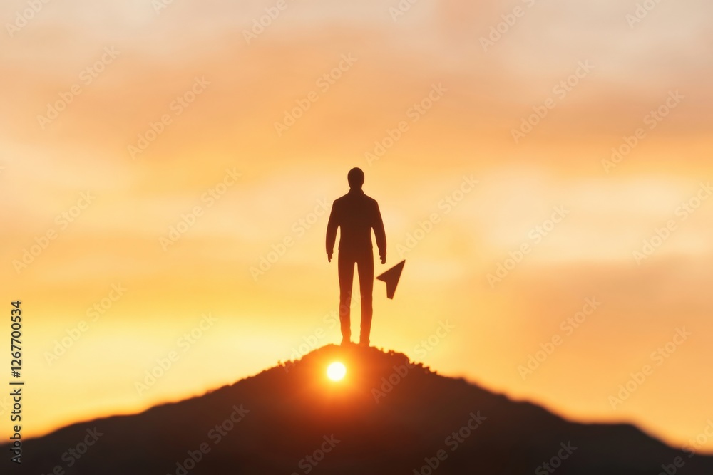Silhouette of a man with paper plane on hill during sunset Silhouette of a man with paper plane on hill during sunset