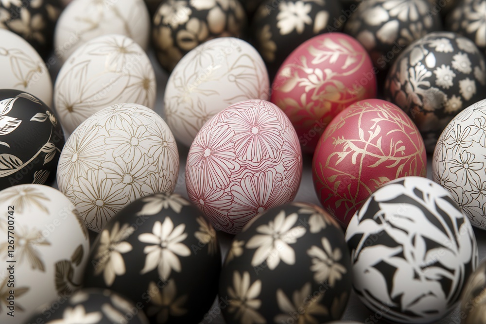 A vivid close-up of intricately decorated eggs arranged on a table, showcasing various artistic designs and vibrant colors. A vivid close-up of intricately decorated eggs arranged on a table, showcasing various artistic designs and vibrant colors.