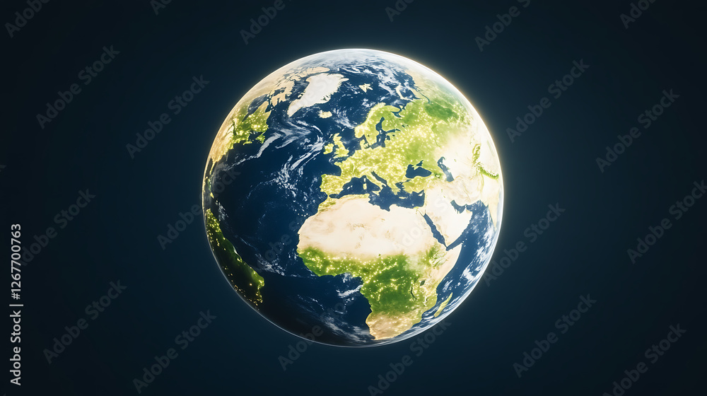 Fototapeta premium Earth Globe Showing Continents at Night Realistic Rendered View High Resolution and Details