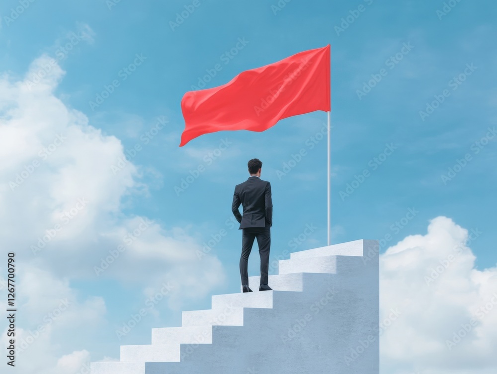 businessman on stairs with red flag in the sky businessman on stairs with red flag in the sky