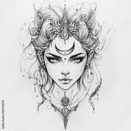 Mystical Goddess Portrait Tattoo with Moon Symbol: A mesmerizing tattoo illustration of a moon goddess with open eyes, a striking celestial headdress, and enchanting patterns, embodying cosmic energy