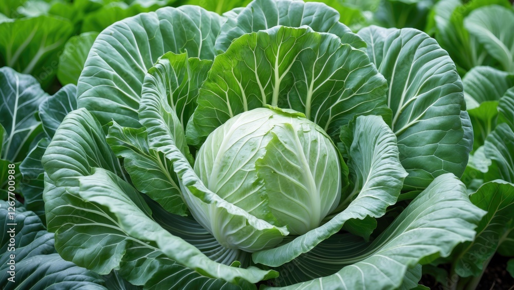 Obraz premium Fresh green cabbage with large leafy layers in a natural setting, showcasing detailed leaf patterns and texture, Copy Space