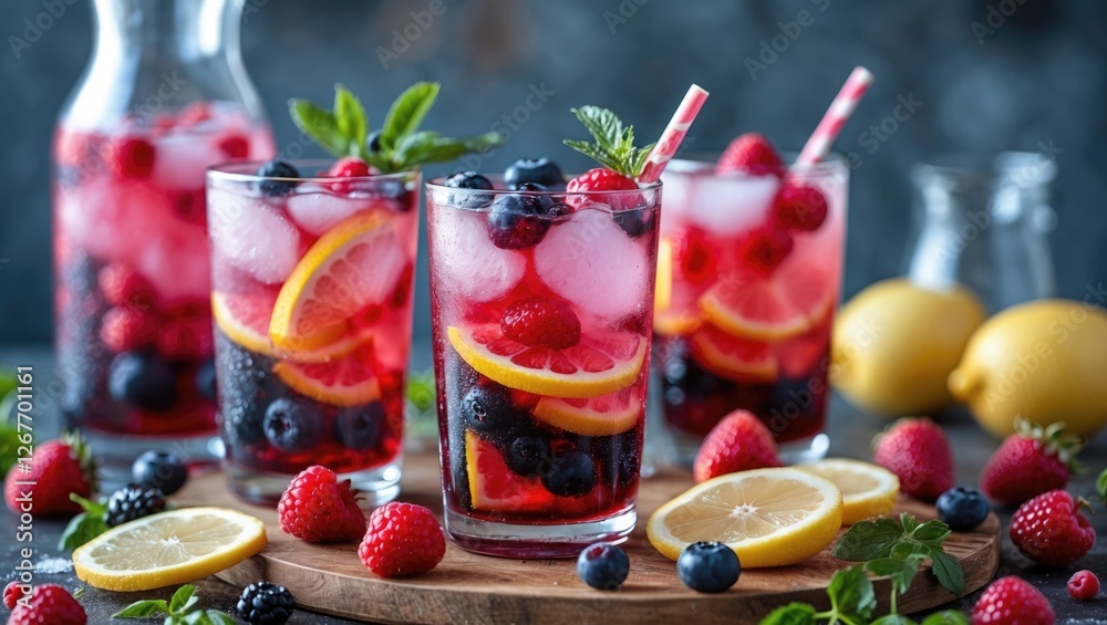 Refreshing Summer Berry Lemonade with Citrus Garnish in Glasses on a Wooden Board Surrounded by Fresh Berries and Lemons Refreshing Summer Berry Lemonade with Citrus Garnish in Glasses on a Wooden Board Surrounded by Fresh Berries and Lemons