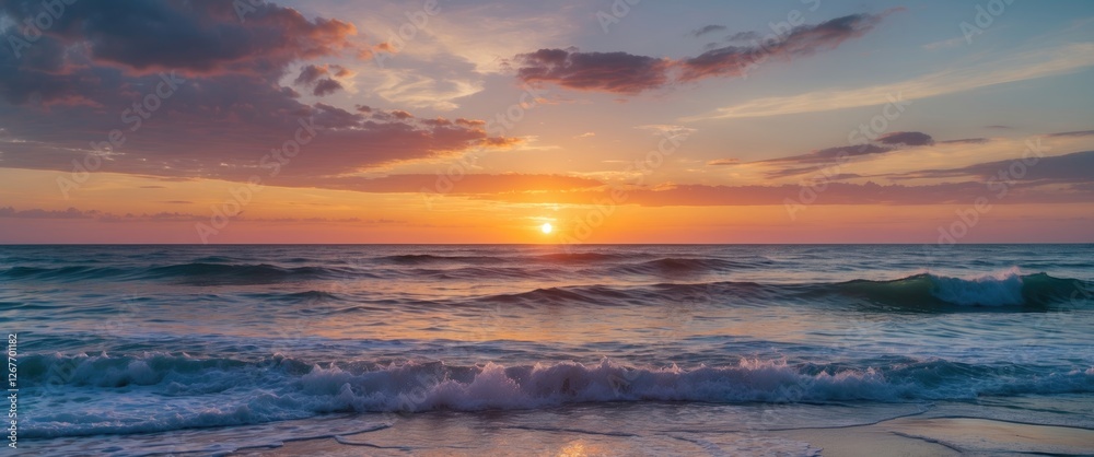 Serene Seascape at Sunrise with Vibrant Skies and Gentle Waves Hitting the Shore Beautiful Soft Colors Ideal for Text Overlay