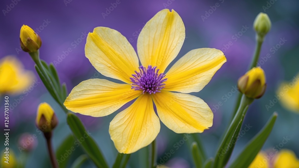 Naklejka premium Vibrant yellow flower with five petals and purple center surrounded by green buds in a colorful garden setting.