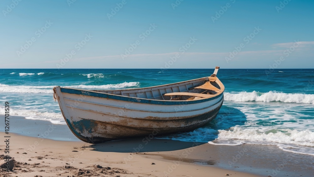 Rowboat stranded on sandy beach with gentle waves in background under clear blue sky Copy Space Rowboat stranded on sandy beach with gentle waves in background under clear blue sky Copy Space