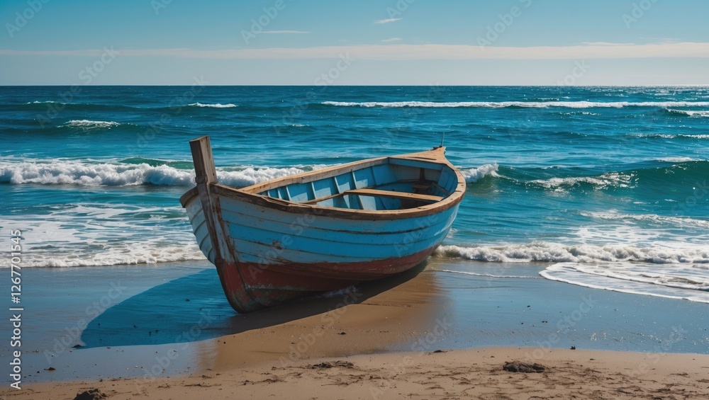 Abandoned wooden boat on sandy beach with ocean waves and clear sky during daytime Copy Space Abandoned wooden boat on sandy beach with ocean waves and clear sky during daytime Copy Space