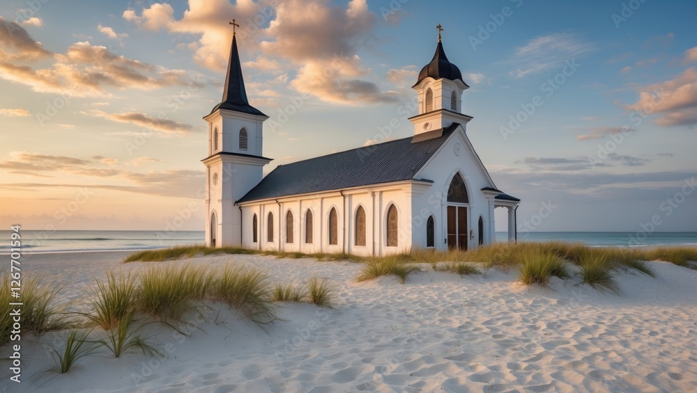 Naklejka premium Charming Beachfront Church Surrounded by Seagrass Against a Tranquil Sunset Sky