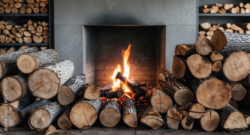 Cozy fireplace with burning logs and stacked firewood in a modern interior setting Ideal for warmth and comfort themes Copy Space