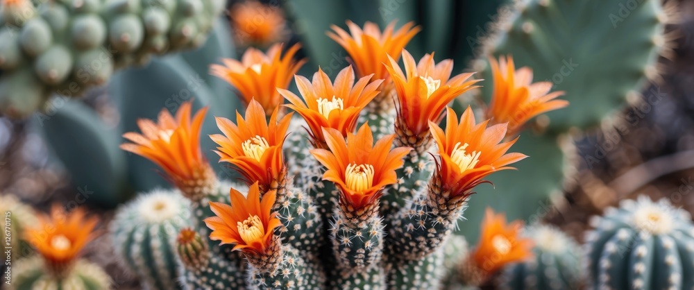 Cacti with vibrant orange flowers in a desert setting, showcasing detailed patterns and textures, ideal for botanical themes, Copy Space Cacti with vibrant orange flowers in a desert setting, showcasing detailed patterns and textures, ideal for botanical themes, Copy Space