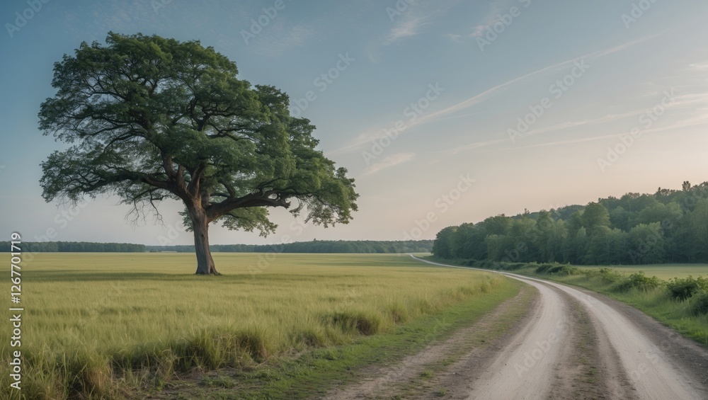 Lone tree in open field with dirt road curving through green landscape under blue sky and soft clouds Copy Space Lone tree in open field with dirt road curving through green landscape under blue sky and soft clouds Copy Space