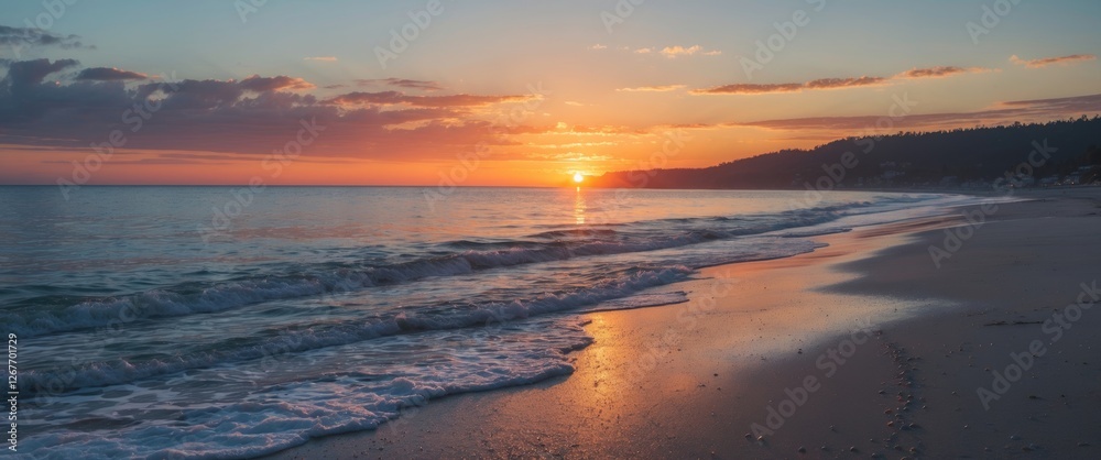 Fototapeta premium Serene Beach Sunset with Gentle Waves and Clear Sky for Text Overlay or Inspirational Quotes