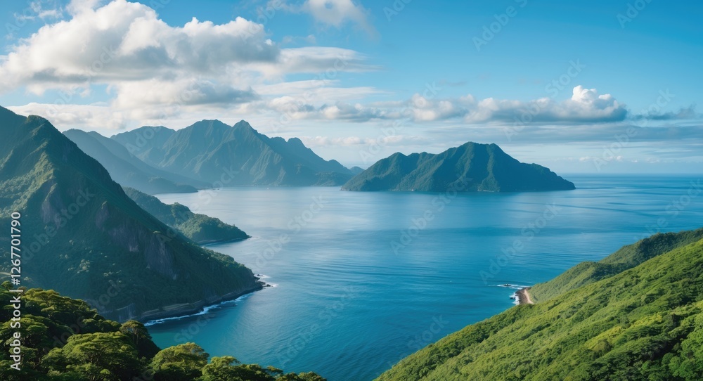 Scenic Landscape of Lush Mountains Overlooking Tranquil Ocean and Islands Under Clear Blue Skies Scenic Landscape of Lush Mountains Overlooking Tranquil Ocean and Islands Under Clear Blue Skies