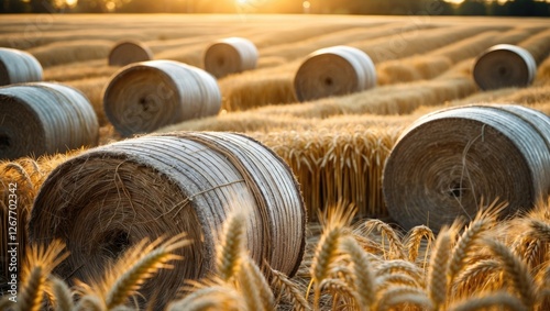 Wheat Field at Sunrise with Round Bales of Hay Capturing Summer's Golden Glow in a Serene Landscape photo