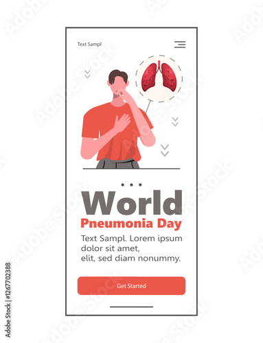  World Pneumonia Day. A patient feels unwell and coughs. These symptoms could mean a cold, bronchitis, or pneumonia. Web design and mobile template. Vector Not AI generated
