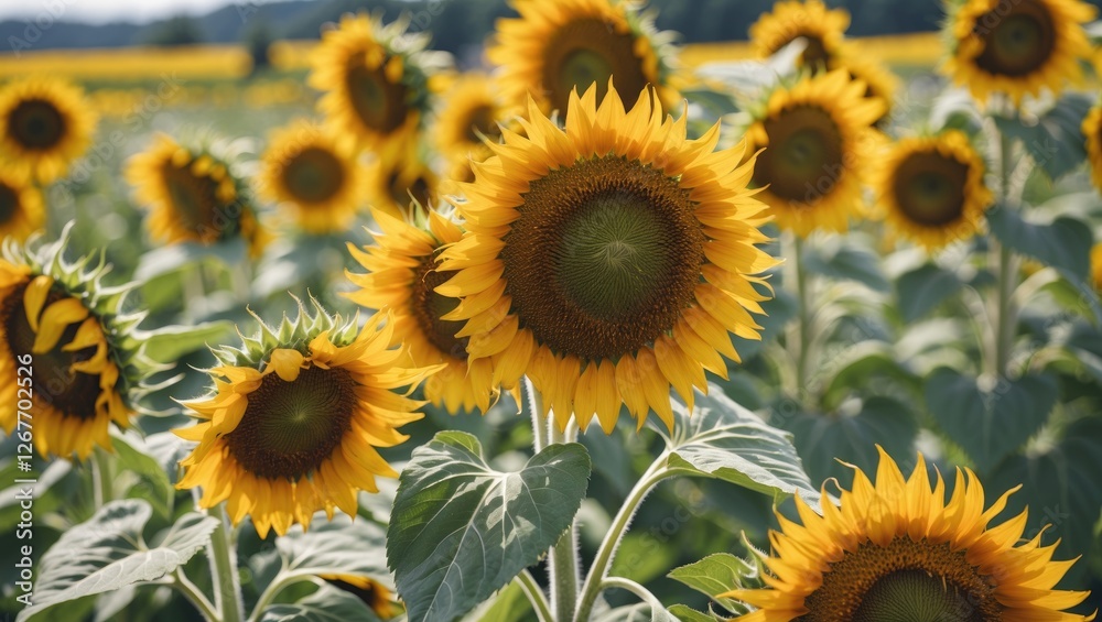 Fototapeta premium Vibrant Sunflower Field in Full Bloom with Lush Green Leaves and Space for Text or Graphics