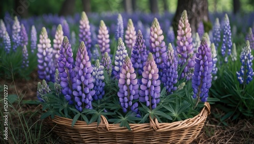Bountiful Basket of Very Peri Purple Lupines Surrounded by Lush Forest Setting Ideal for Nature and Picnic Themes