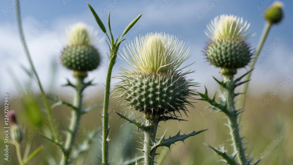 Thistle flowers in a natural setting with green stems and a blue sky background displaying the intricate details of the plant Copy Space Thistle flowers in a natural setting with green stems and a blue sky background displaying the intricate details of the plant Copy Space