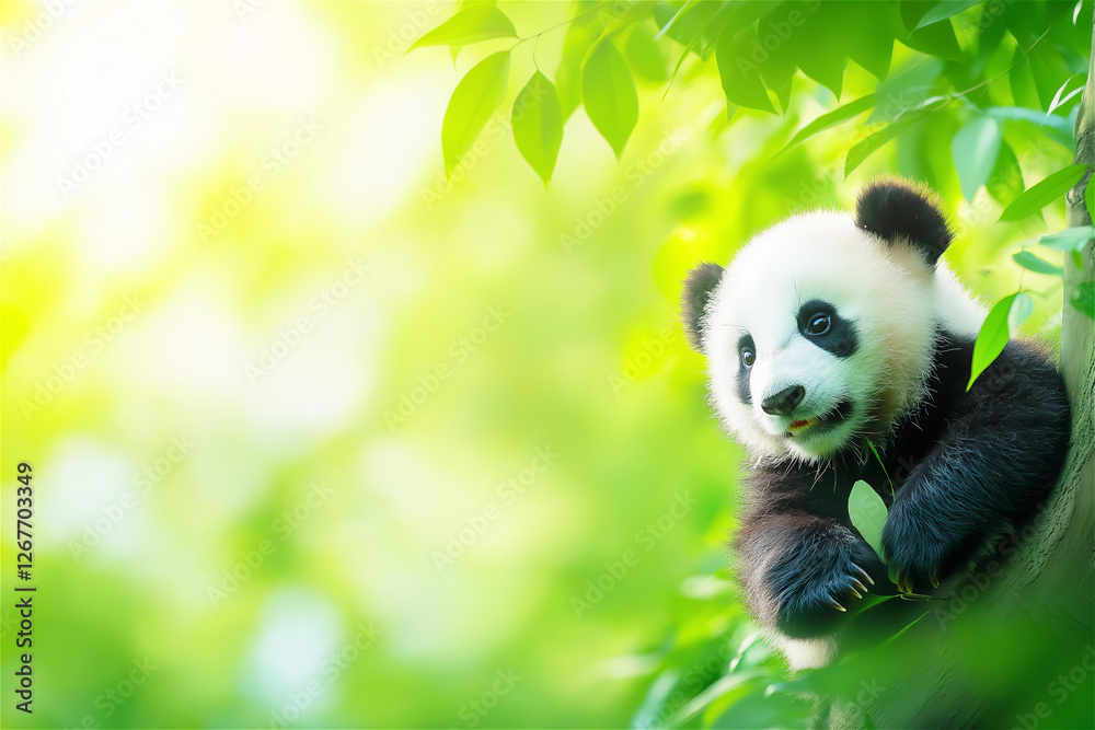 Naklejka premium A giant panda relaxing on a tree branch in a lush green environment. The calm expression and natural surroundings emphasize the beauty of wildlife and nature.