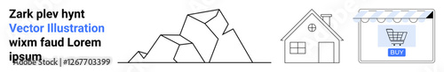 Geometric rock shapes, minimalistic house with visible window and roof, digital storefront promoting online shopping. Ideal for architecture, commerce, technology, real estate, retail, modern