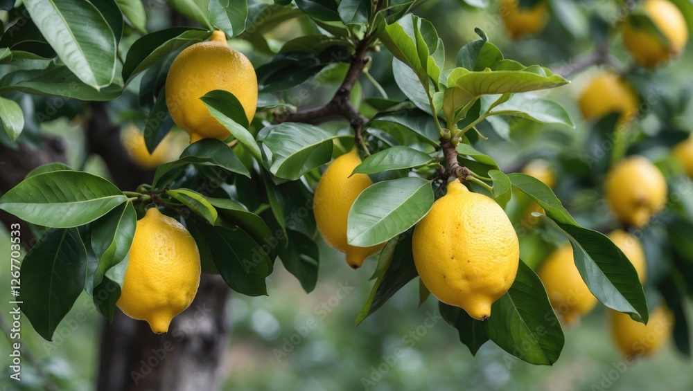 Lemon tree branches with ripe yellow lemons and green leaves on a blurred background with copy space Lemon tree branches with ripe yellow lemons and green leaves on a blurred background with copy space