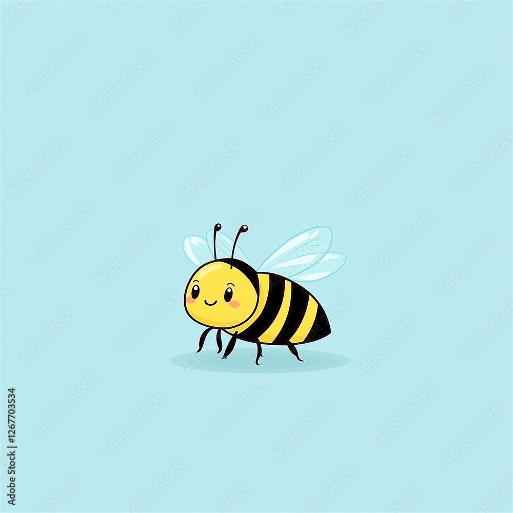 Fototapeta premium A cute, cartoon-style bee illustration on a light blue background. The friendly design makes it perfect for children’s themes and cheerful visuals.