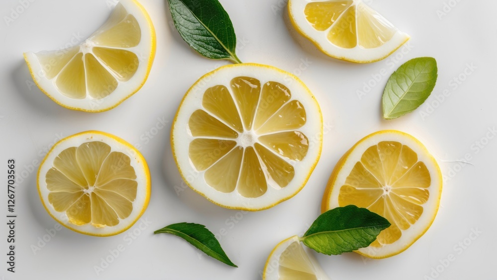 Sliced lemons with yellow rind and green leaves on a white background featuring ample copy space for text placement Sliced lemons with yellow rind and green leaves on a white background featuring ample copy space for text placement