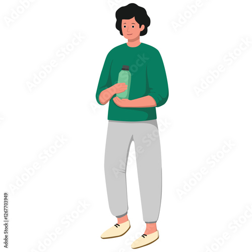 Character Man with Exercise suit Holding Drink Bottle for Sport, Recreation, Healthcare, and Happy Lifestyle