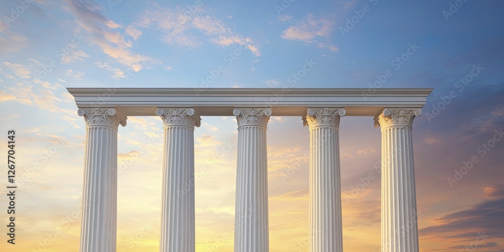 Fototapeta premium Greek Revival columns standing majestically against a vibrant sunset, showcasing intricate details and shadows in warm light.