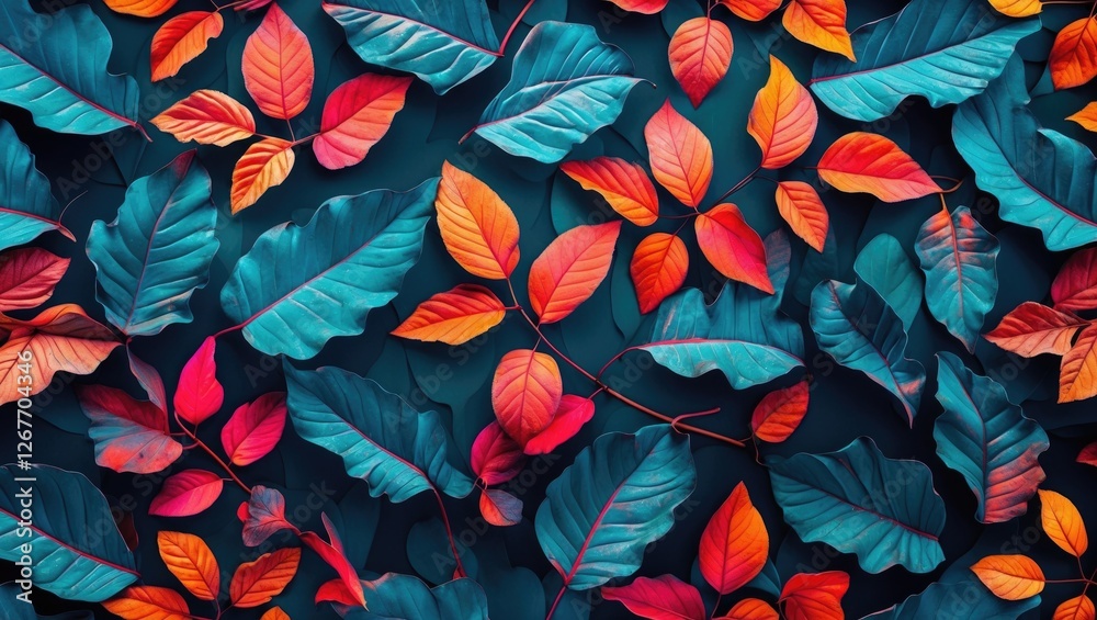 Fototapeta premium Colorful autumn leaves background with vibrant hues of red, orange, and teal on a dark surface Copy Space