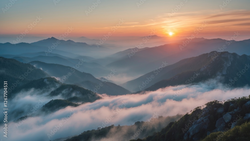 Obraz premium Mountain landscape at sunrise with layered hills, fog and clouds, panoramic view with natural light and soft color gradient, Copy Space