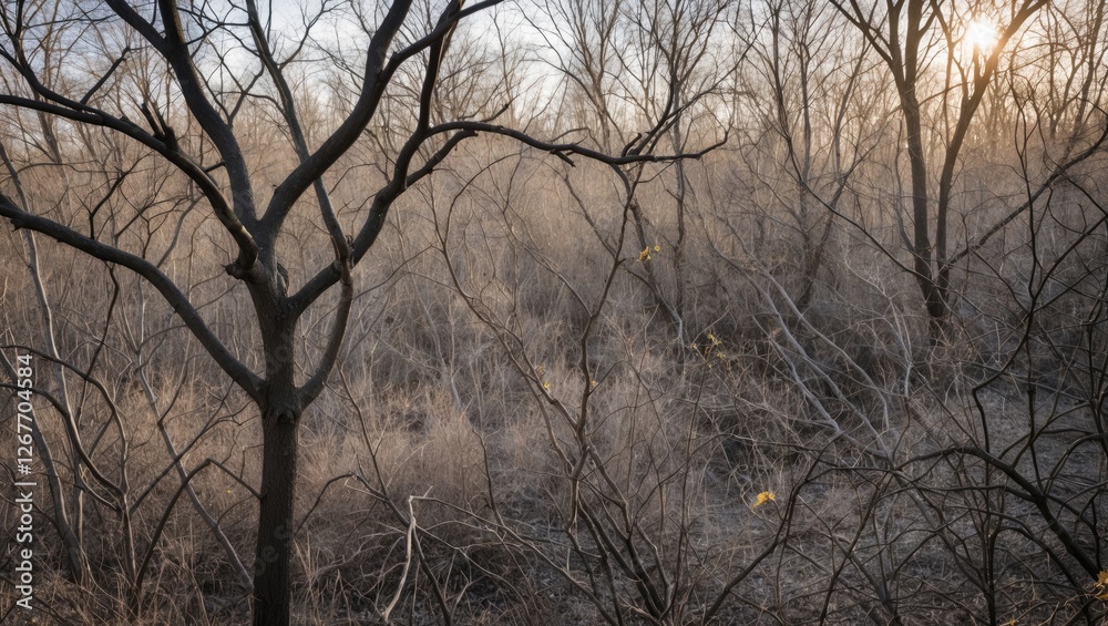 Obraz premium Bare trees and overgrown brush in a sunlit forest during late autumn or early winter, nature landscape with soft colors and Copy Space.